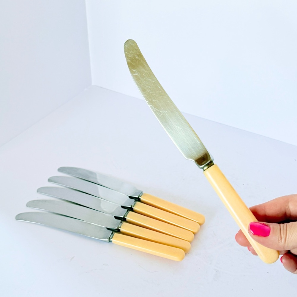 Set of 6 Vintage Soviet Union Dinner Knives Pale Yellow Handles Stainless Steel